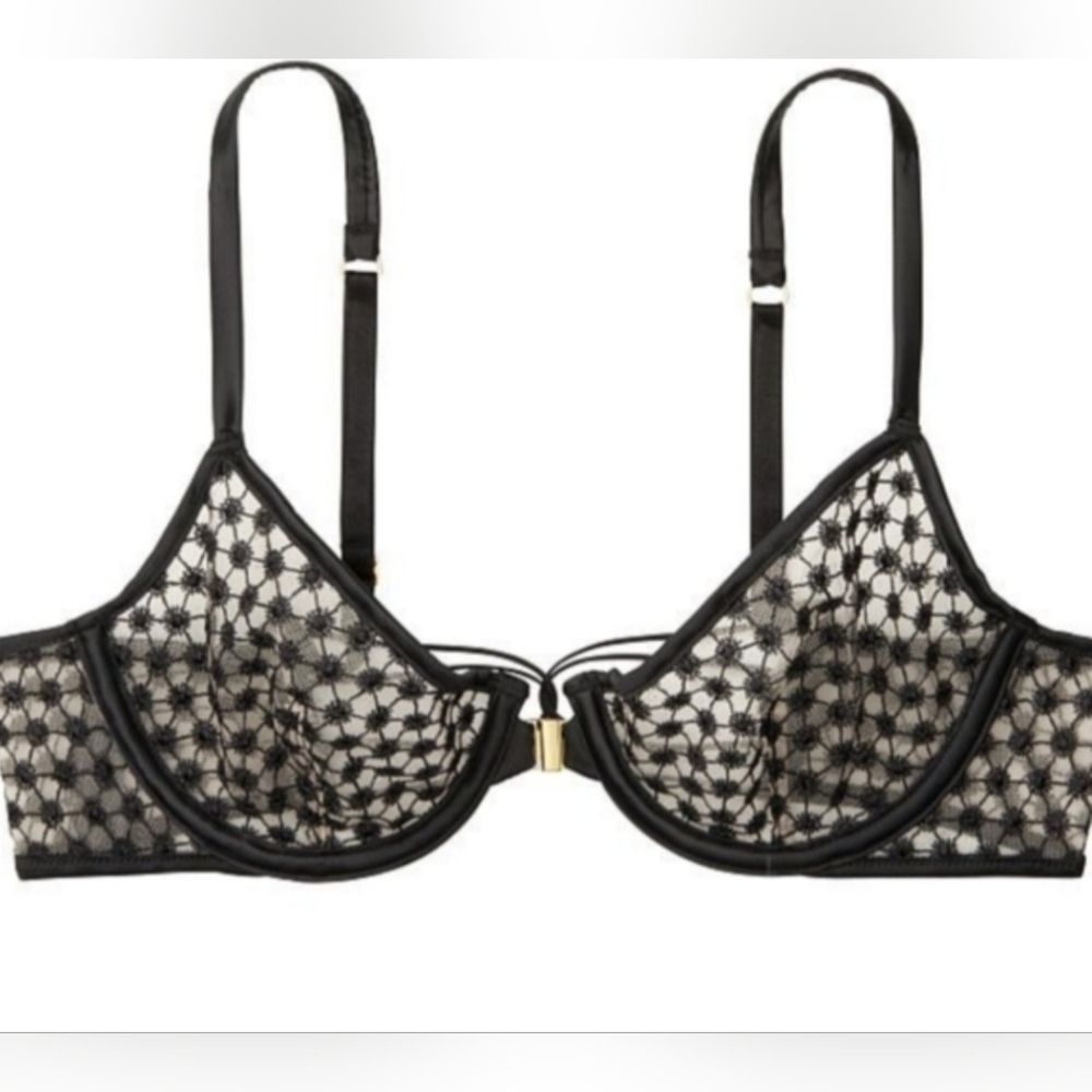 Victoria Secret NWT Black Embroidered Unlined Demi Bra Size 36B